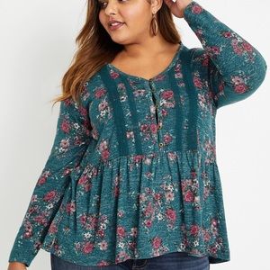 Maurices | Green Floral Henley Peplum Top